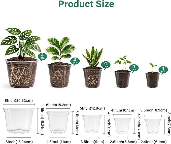 20 Pack 8/6/5/4/3.5 Inch Reinforced Large Clear Nursery Pots with Drainage Hole, Transparent Variety Pack Plastic Plant Pot for Vegetable Propagation, Root Cutting, Seed Starting - Image 2