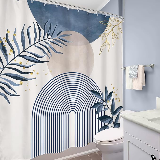 Blue Boho Shower Curtain 72Wx72H Modern Bohemian Abstract Leaves Plant Botanical Grey Mid Century Minimalist Arch Bathroom Decor Geometric Neutral Bath Curtain Fabric Polyester 12 Pack Hook - Image 4