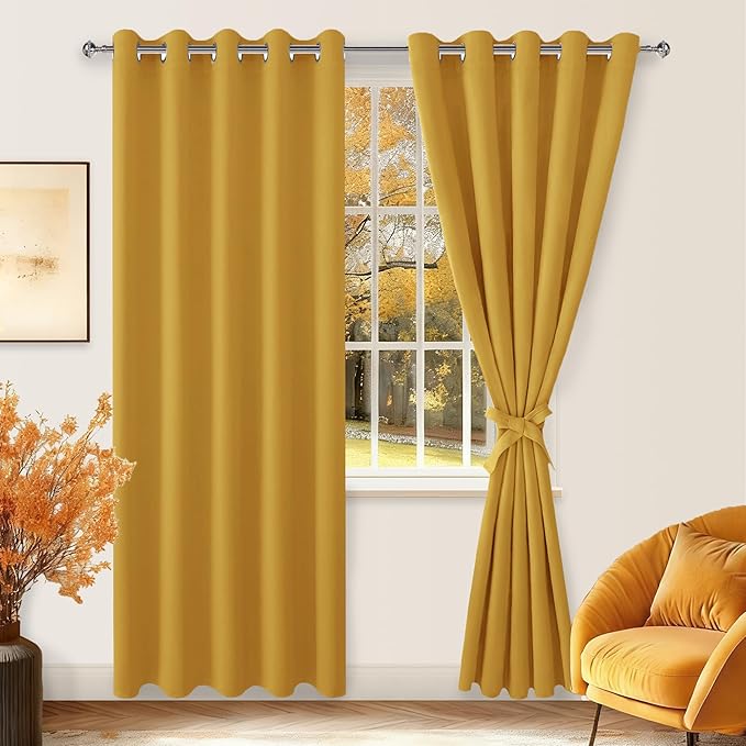 Hiasan Blackout Curtains for Bedroom, 60 x 84 Inches Long - Thermal Insulated & Light Blocking Window Curtains for Living Room, 2 Drape Panels Sewn with Tiebacks, Mustard Yellow by Hiasan