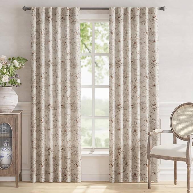 jinchan Floral Linen Curtains for Living Room 84 Inch Length Brown Flower Curtain Rod Pocket Back Tab Farmhouse Curtains with Printed Floral Bedroom Window Curtain Set, 2 Panels Brown - Image 2