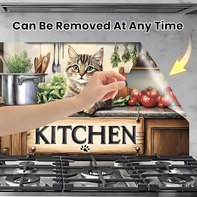 NYZE Kitchen Backsplash Stickers Waterproof Stove Backsplash Protector, 30 X 16 inch Removable Kitchen Wallpaper with Wall Art Decor for Stove Cooking Area(Kitchen Cat) - Image 4