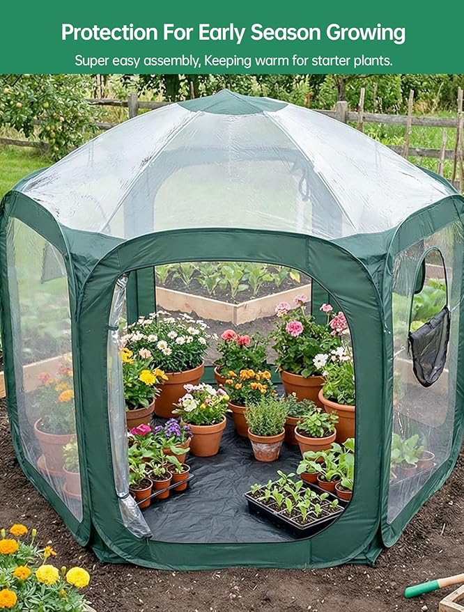 Porayhut Pop up Greenhouse Tent,Portable Large Walk-in Plant House 10’X10’ ,Indoor Outdoor Gardening Plant Sunshine Room with PVC Mesh Cloth Cover for Protecting Plant from Cold Frost & Birds - Image 8