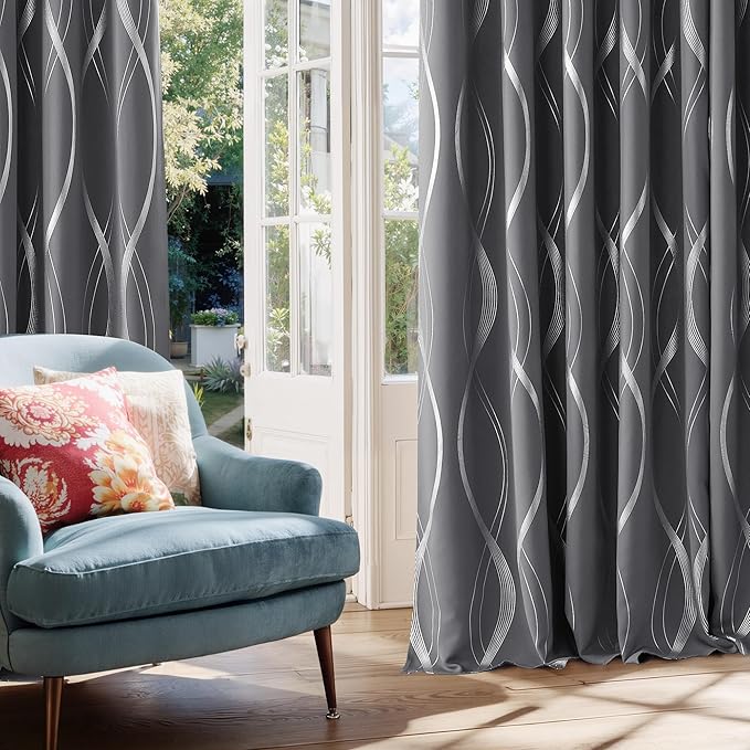 NICETOWN Grey Blackout Short Curtain for Apartments, W66 x L84, Noise Reducing Thermal Insulated Wave Line Foil Print Design Drapes for Living Room, 2 Panels - Image 4