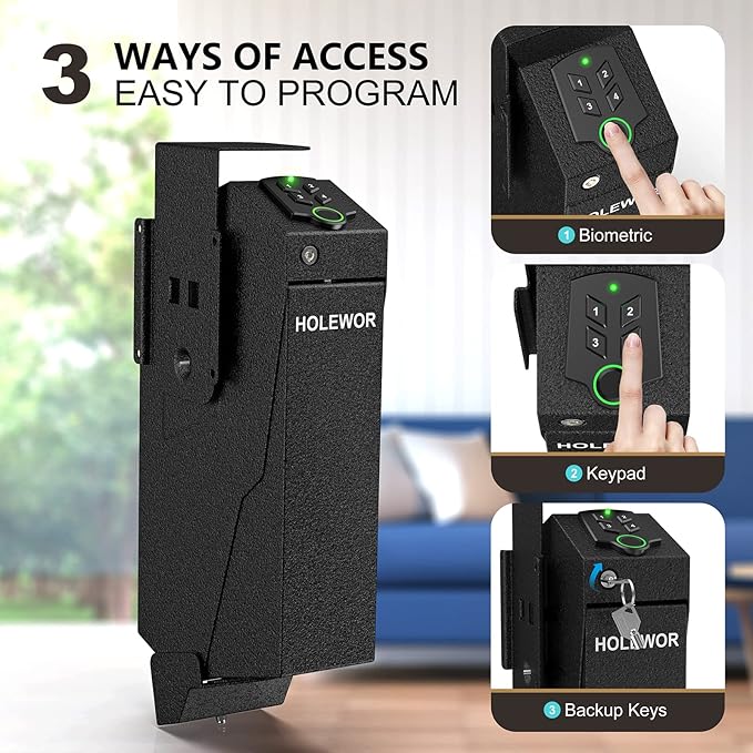 Gun Safe, Biometric Gun Safe for Handgun Drop Down Pistol Safe Mounted Single Handgun Safe with Fingerprint, Passcode, Key Access for Nightstand, Desk, Bedside - Image 4
