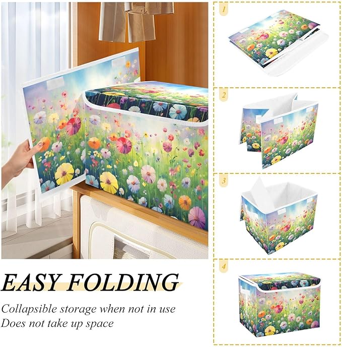 xigua Colorful Flowers Storage Bins with Lids and Carrying Handle,Foldable Storage Boxes Organizer Containers Baskets Cube with Cover for Home Bedroom Closet Office - Image 4