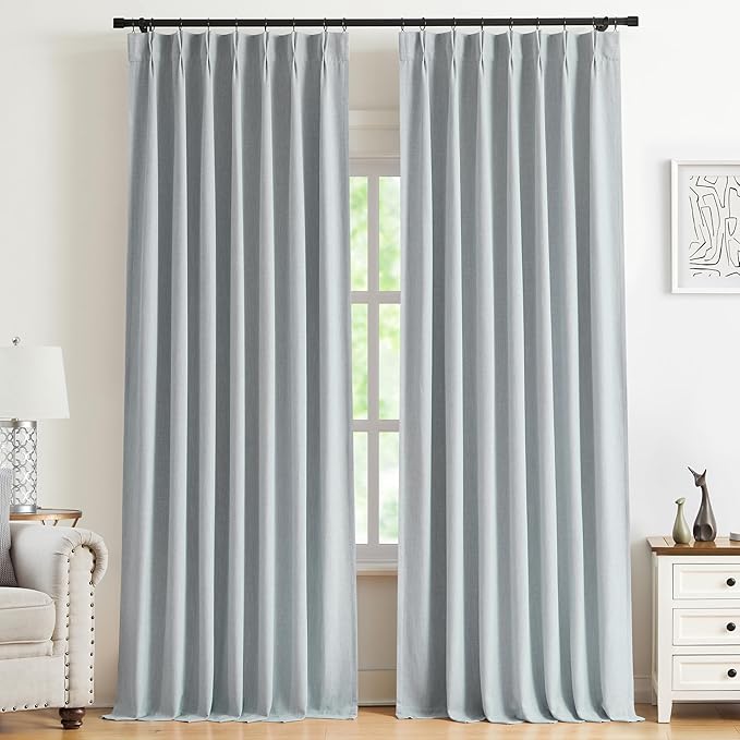 Kayne Studio Blue Fog Pinch Pleated Full Blackout Curtains 102 Inch Linen Blend Thermal Insulated Soundproof Room Darkening Back Tab Window Drapes with Hooks for Living Room Bedroom(2 Panels,40"x102") by KayneStudio