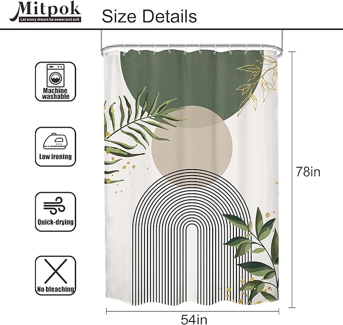 Small Stall Green Boho Shower Curtain 54Wx78H Rv Modern Bohemian Abstract Sage Green Gold Leaves Plant Minimalist Narrow Half Bathroom Decor Geometric Bath Curtain Fabric Polyester 12 Pack Hook - Image 5