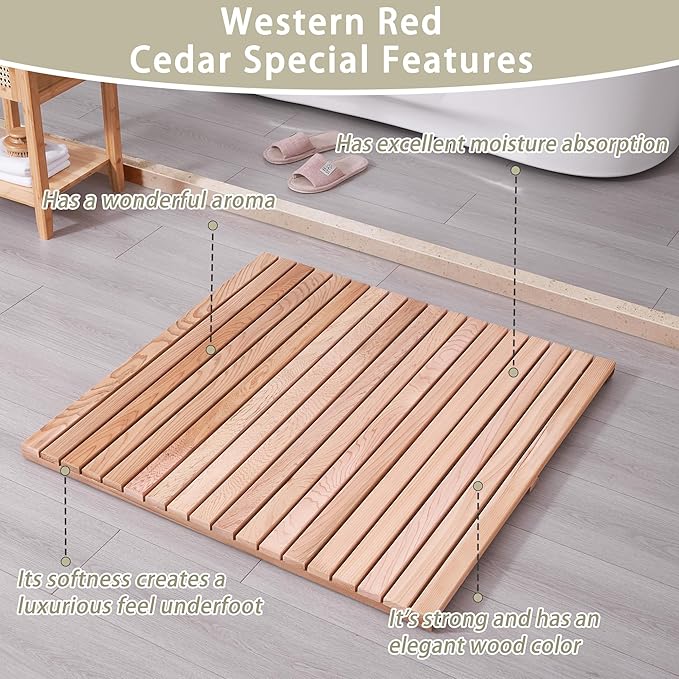 bingaai Cedar Wood Shower Mat 36" × 36" Square, Cedar Wooden Bath Mats, Wood Bath Mat for Inside or Outside Shower, Cedar Sauna Floor Mat Large,Non-Slip Shower Platform - Image 2