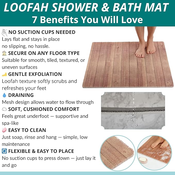 Square Shower Mat - Non Slip Shower Mats for Inside Shower - Extra Large 31x31 Shower Floor Mat Non Slip - Square Bath Mat for Shower - Secure Anti Slip Loofah Shower Bath Mat (31x31 Wood Teak) - Image 4