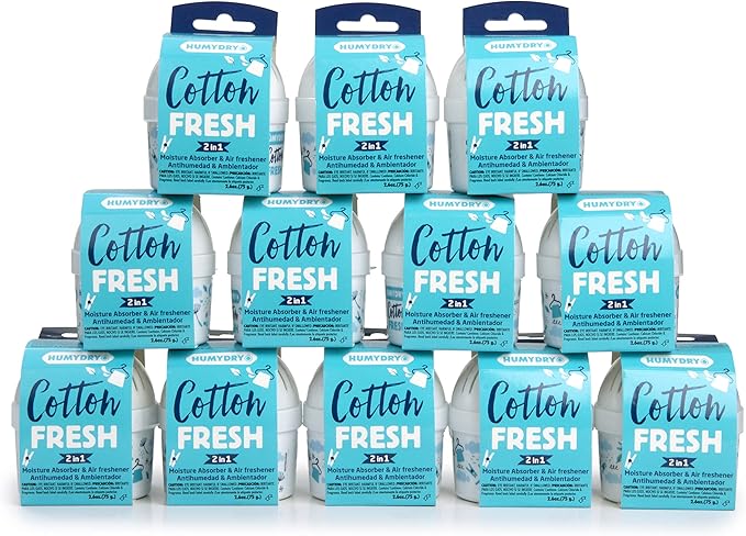 HUMYDRY Moisture Absorber Device, Mini Pack of 12 of 2.6oz, Small Space Dehumidifier and Air Freshener with Fresh Cotton Scent, Non Electric Humidity Absorber for Closet Bedroom and Compact Areas by Humydrymoistureabsorbers