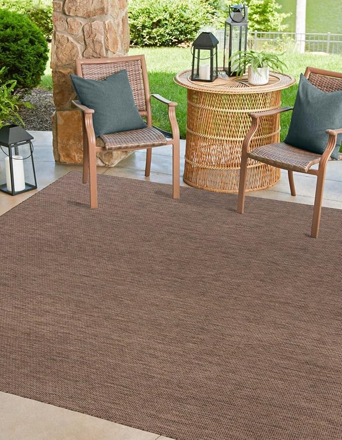 Unique Loom Outdoor Solid Collection Area Rug (7' 10" Square Light Brown/Ivory) by UniqueLoom