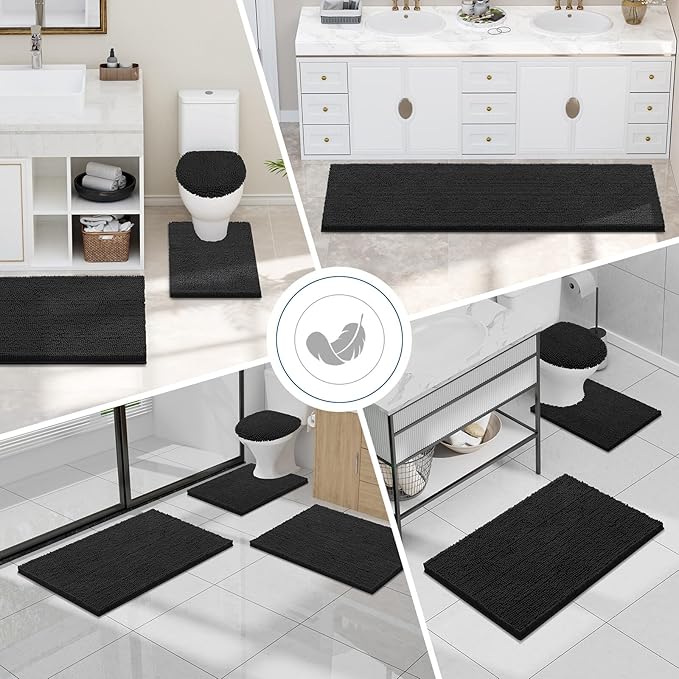 Smiry Luxury Chenille Bathroom Rugs 44x24, Extra Soft and Absorbent Shaggy Bath Mat, Machine Washable, Non-Slip Plush Carpet Runner for Tub, Shower, and Floor, Home Decor Accessories, Black - Image 8