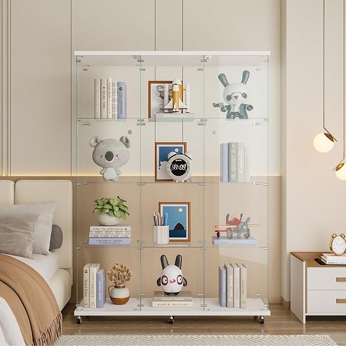 Yoluckea 4 Shelves Glass Display Cabinet Extra Large, Curio Collection Glass Display Case for Home Office, Floor Standing Bookshelf Corner Cabinet for Book Toys Glory (White) - Image 5