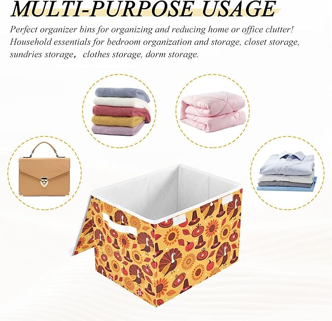 xigua Thanksgiving Sunflower Turkey Storage Bins with Lids and Carrying Handle,Foldable Storage Boxes Organizer Containers Baskets Cube with Cover for Home Bedroom Closet Office - Image 7