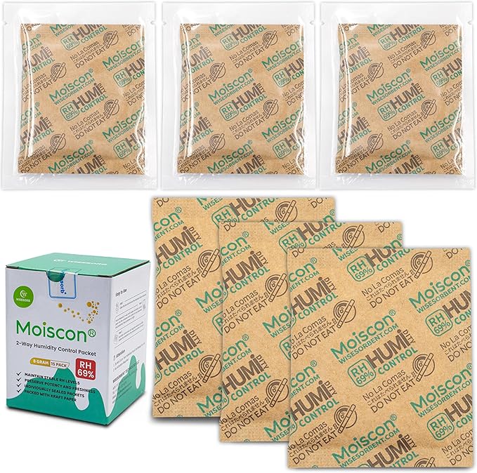 8 Gram 15 Pack 69% Two-Way Humidity Control Packs for Storing 1 oz, Size 8 for Travel Case Resealable Bags, Humidity Pack Moisture Control Packets Individually Wrapped by Wisesorb