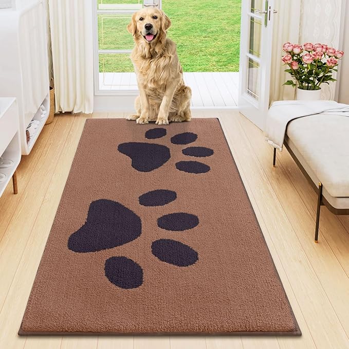 Smiry Dog Door Mat for Muddy Paws, Absorbs Moisture and Dirt, Low-Profile Entryway Mat with Non-Slip Backing, Entry Indoor Outdoor Doormat for Inside Floor (47x24 Inches, Camel and Black, Paw) by Smiry