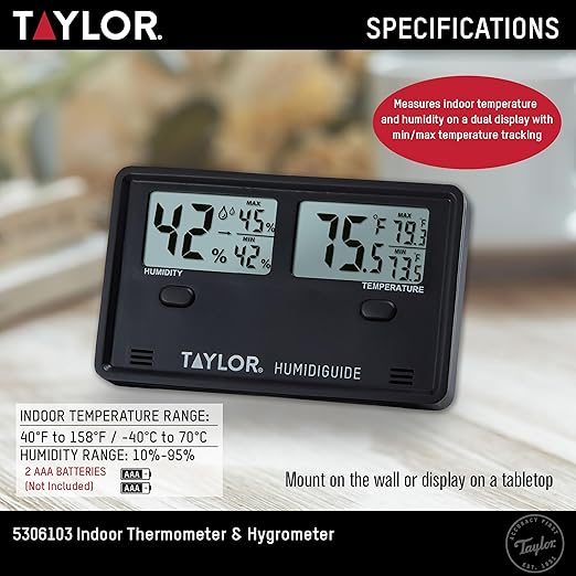 Taylor Wireless Digital Indoor Outdoor Thermometer and Hygrometer, Dual Display for Temperature and Humidity, Easy-to-Read for Home, Office, Greenhouse, Nursery, and Indoor Areas, Min/Max Black - Image 3