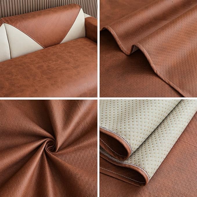 Faux Leather Waterproof Couch Sofa Cover Vintage PU Sectional Couch Cover Non Slip Sofa Slipcover Furniture Protector for Kids Dogs Cats (Brown,43"x63") - Image 7
