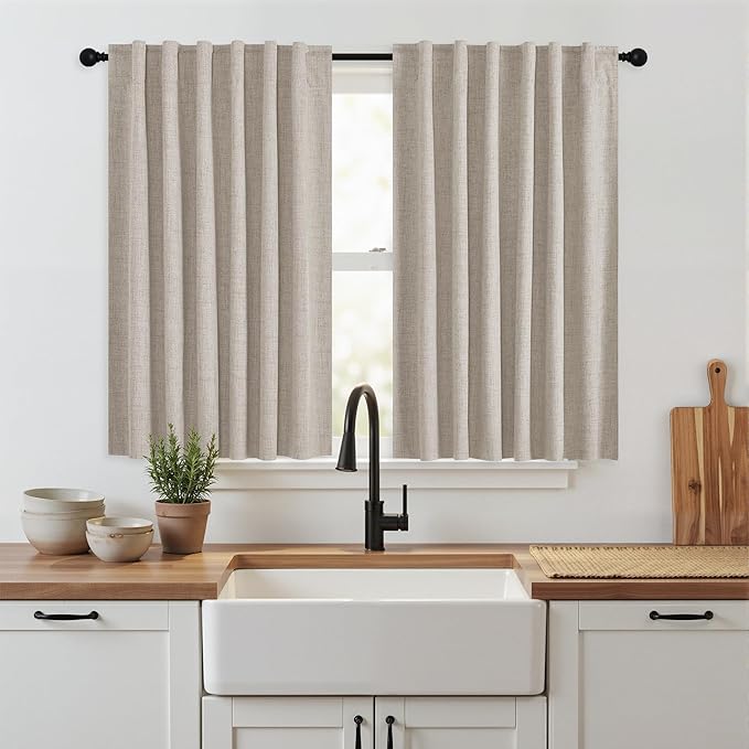 RYB HOME Natural Beige 100% Blackout Short Curtains 45 inch Length 52 Width, Light Blocking & Thermal Insulated Curtains for Kitchen/Small Window/Bathroom/Basement, 2 Panels by RYBHOME