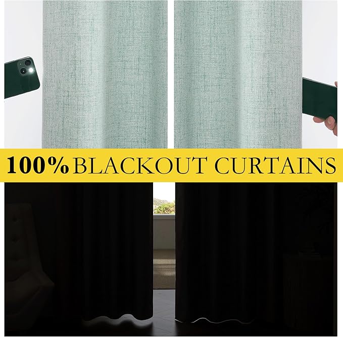 NICETOWN 100% Absolutely Blackout Linen Curtains with Thermal Insulated Liner, Seafoam Green, 62" Wide, 95" Length Energy Saving Curtains for Living Room 2 Panels Set, Vertical Blinds - Image 3