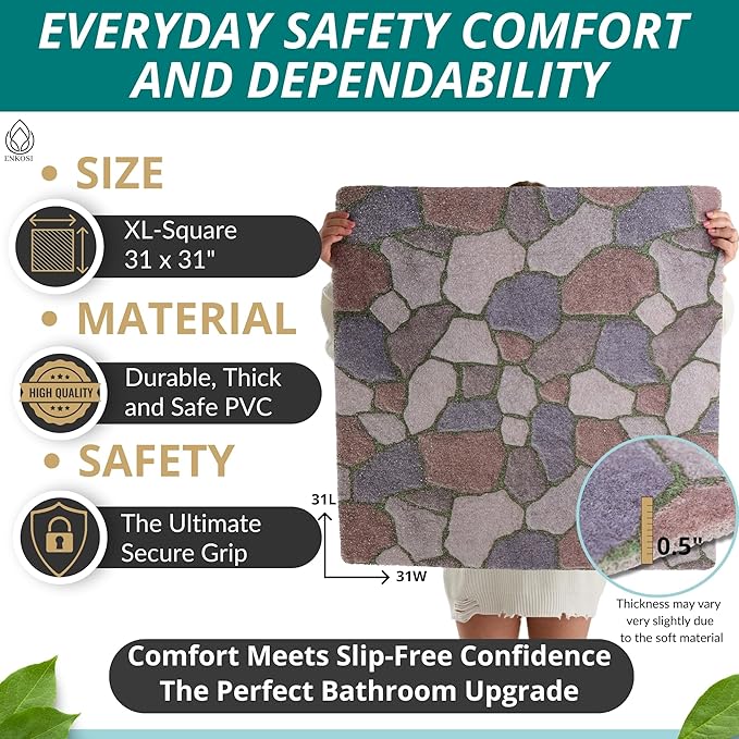 Square Shower Mat - Non Slip Shower Mats for Inside Shower - Extra Large 31x31 Shower Floor Mat Non Slip - Square Bath Mat for Shower - Secure Anti Slip Loofah Shower Bath Mat (31x31 Stone Path) - Image 3
