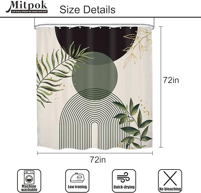 4 PCS Dark Green Boho 72Wx72H Shower Curtain Set Modern Mid Century Leaves Plant Bath Rug Toilet Lid Cover Nonslip U Shape Mat Quick Dry Accessories Bathroom Decor with 12 Hooks - Image 4