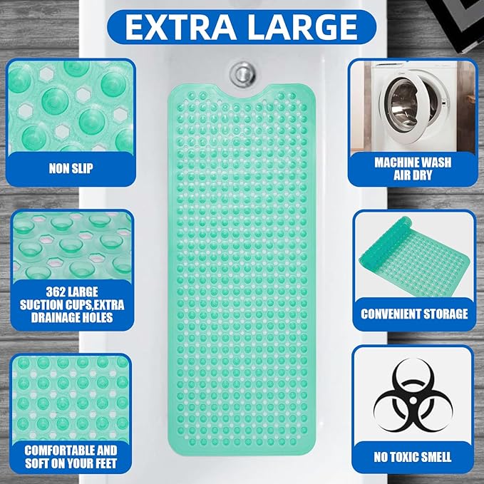 ZHICHENG Bath Tub and Shower Mats, Non-Slip 39 x 16 Inch Extra Long Bath Mat, Machine Washable Bathtub Mat with Drain Holes, Suction Cups for Bathroom (Colour Green) - Image 3