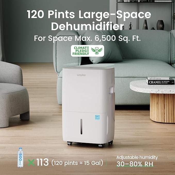 Waykar 120 Pints Energy Star Dehumidifier for Spaces up to 6,500 Sq. Ft at Home, in Basements and Large Rooms with Drain Hose and 1.14 Gallons Water Tank - Image 2