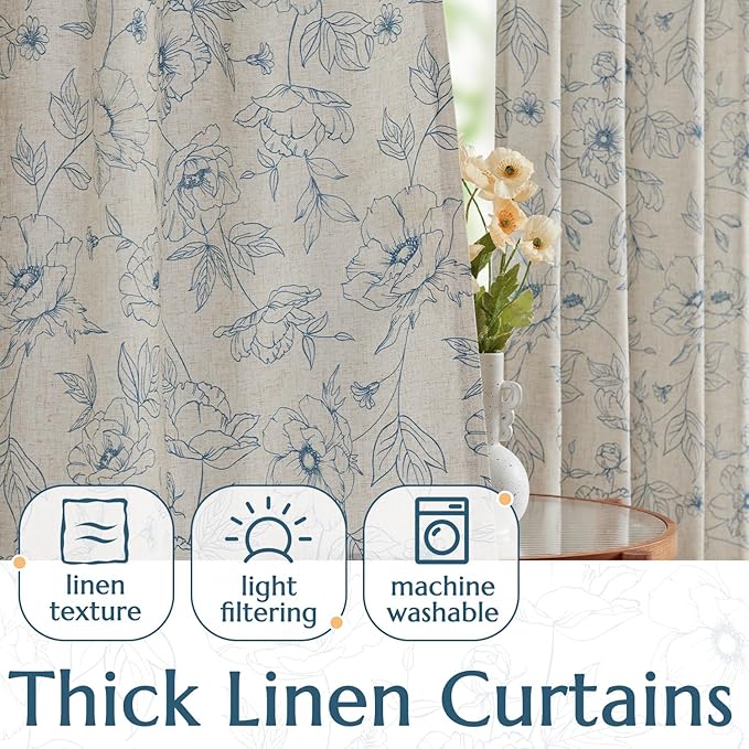 jinchan Floral Linen Curtains for Living Room 84 Inch Length Blue Flower Curtain Rod Pocket Back Tab Farmhouse Curtains with Printed Floral Bedroom Window Curtain Set, 2 Panels Blue - Image 3