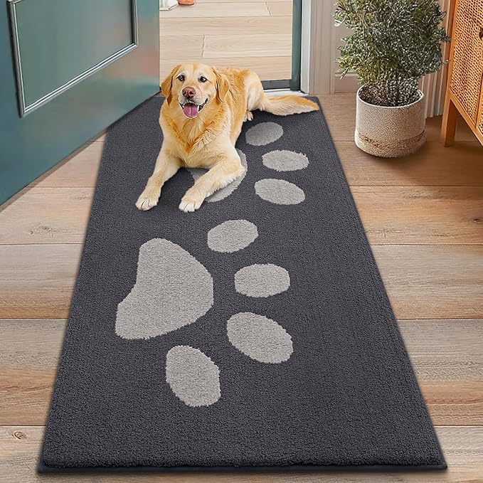 Smiry Dog Door Mat for Muddy Paws, Absorbs Moisture and Dirt, Low-Profile Entryway Mat with Non-Slip Backing, Entry Indoor Outdoor Doormat for Inside Floor (48x30 Inches, Dark Grey, Paw) by Smiry