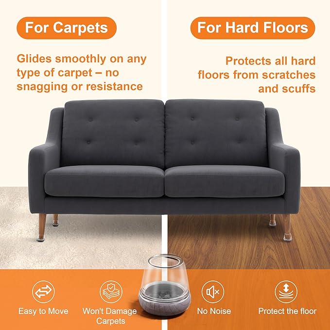 Chair Leg Floor Protectors for Hardwood Floors – Smooth Nylon Base Won’t Trap Cat or Dog Hair, Clear Silicone Caps No Scratch & Silent on Carpet & Tile (16 Pack, Fits 1" to 1-1/8") - Image 6