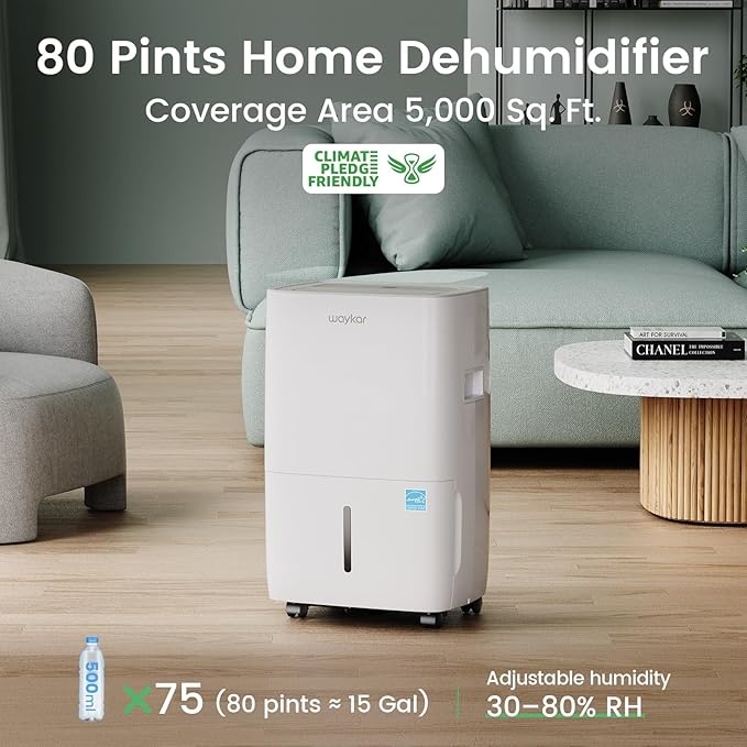 Waykar 80 Pints Energy Star Dehumidifier for Spaces up to 5,000 Sq. Ft at Home, in Basements and Large Rooms with Drain Hose and 1.14 Gallons Water Tank - Image 3