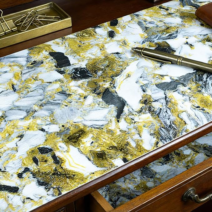 Drawer and Shelf Liner - Yellow Black Marble Pattern,Non Adhesive Non Slip Waterproof Easy-Clean Liner for Kitchen Cabinet, Refrigerator, Bathroom, Pantry Storage Drawers, 17 in x 20 Ft - Image 4