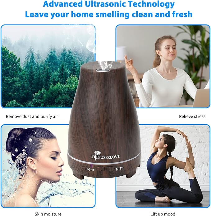 Diffuserlove Essential Oil Diffusers 200ML, Remote Control Aromatherapy Diffuser with 7 Color Lights, Auto Shut-Off for Bedroom Office Kitchen (Black Wood Grain) - Image 3