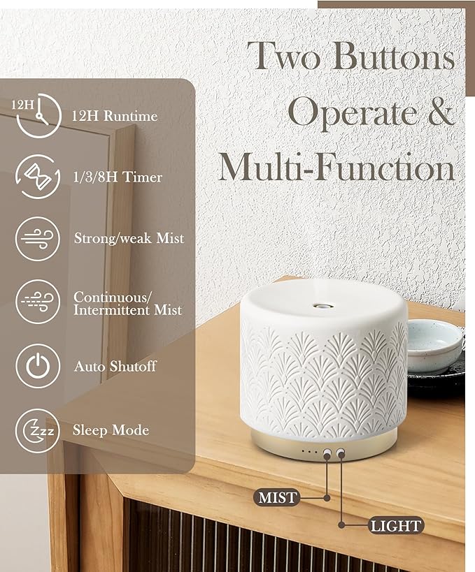 Ceramic Essential Oil Diffuser 280ml- Aromatherapy Diffuser with Ultrasonic Cool Mist Humidifier, Night Light, Timer, Auto Shut-Off, Large Room Aroma Diffuser for Home, Bedroom, Office, Yoga - Image 2
