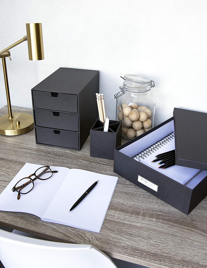 Bigso Oskar Fiberboard Label Frame Document Letter Box - File Organizer Box for Important Paperwork - Document Storage with a Lid & Metal Label Window - 3.3 in x 10.2 in x 13.8 in - Grey - Image 8