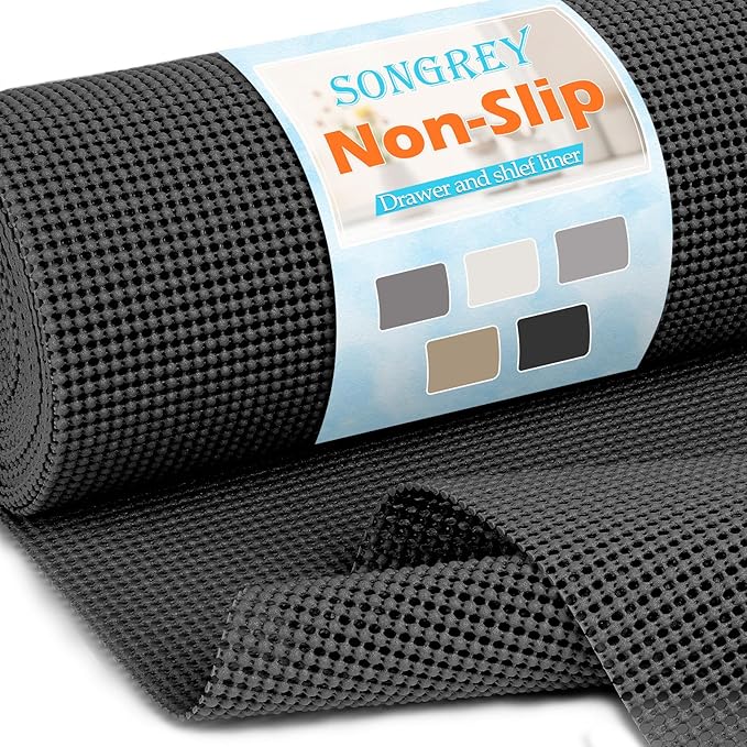 Songrey Non-Adhesive Drawer and Shelf Liner, Non Slip Cabinet Liners, Protect Kitchen Cupboard, Bathroom Drawers, Breathable, Thick Strong Grip mat (12IN x 10FT, Black) by Unknown