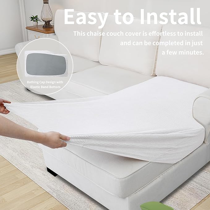 Easy-Going Stretch Sectional Couch Covers 1 Piece Chaise Lounge Slipcover L Shape Separate Cushion Couch Seat Chaise Cover for Both Left/Right Sectional Couch Snow White - Image 6