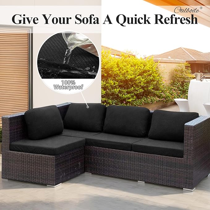 8Pcs Outdoor Stretch Cushion Covers,Waterproof Outdoor Chair Cushion Covers for Patio Furniture, Washable Jacquard Couch Covers Replacement for Patio Furniture(Black, Cover Only) - Image 4