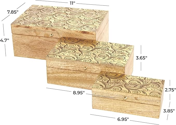 Deco 79 Mango Wood Scroll Handmade Decorative Box Storage Decorative Keepsake Box with Gold Accents, Set of 3 Storage Box 11", 9", 7"W, Brown - Image 3