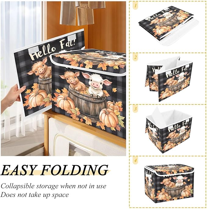 xigua Cute Highland Cow Storage Bins with Lids and Carrying Handle,Foldable Storage Boxes Organizer Containers Baskets Cube with Cover for Home Bedroom Closet Office Nursery - Image 4