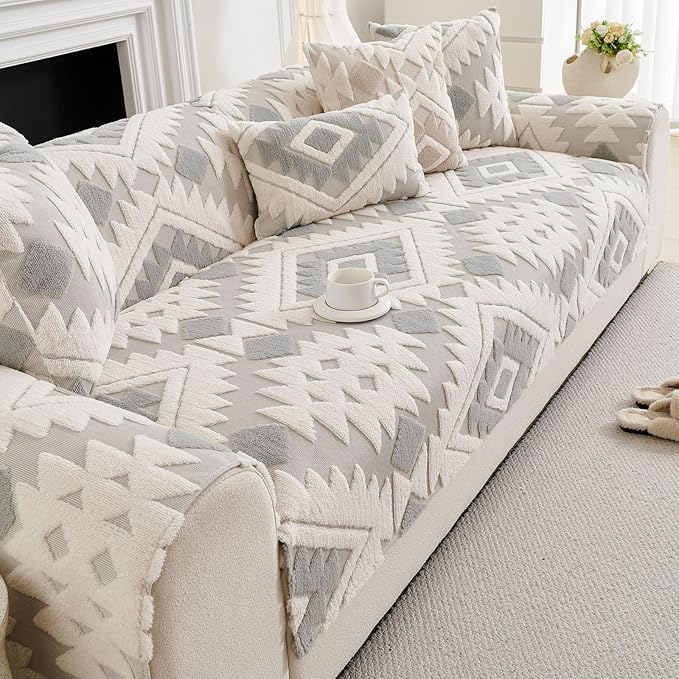 Boho Plush Couch Covers for Sofa Washable, Fuzzy Soft Couch Cover for Sectional Sofa, Non Slip Jacquard Sofa Cover Furniture Protector for Kids, Pets (Light Grey,36"x47") - Image 6