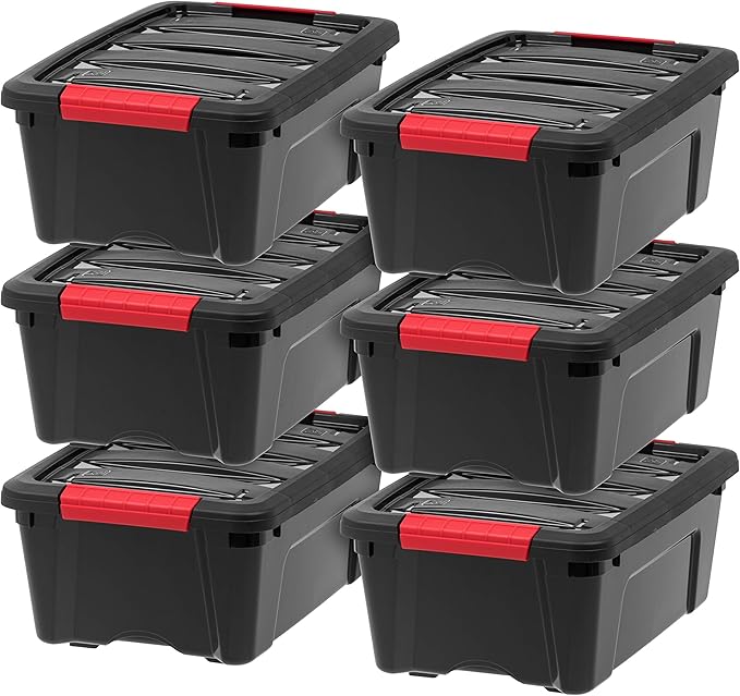 IRIS USA 13 QT Plastic Storage Box with Lid and Latches - 6 Pack - BPA-Free, Garage Organizing Solution, Durable Nestable Stackable Containers, Secure Pull Handle - Black by IRISUSA