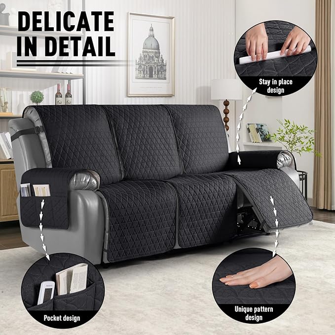TAOCOCO 100% Waterproof Recliner Cover, Non-Slip Washable Reclining Couch Cover with Elastic Leg Straps, Furniture Protector for Dogs (Black, 3 Seater) - Image 6