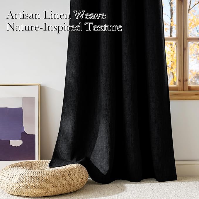 NICETOWN Black Faux Linen Room Darkening Rod Pocket Curtains 63 inch Length, W42 x L63, Light Blocking Thermal Insulated Noise Reducing Drapes for Bedroom Living Room Farmhouse Decor, 2 Panels - Image 3