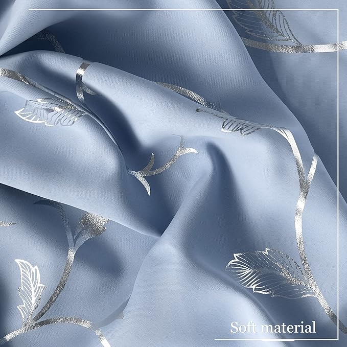 BUHUA Blue Blackout Curtain 2 Panel Set Vine Foil Print Thermal Insulated Drapes Room Darkening Curtains Grommet Window Treatment, 38 x 45 Inch, Light Blue - Image 8