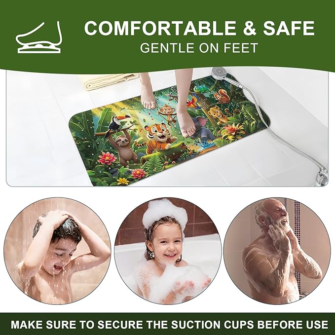 XIYUNTE Upgrade Baby Bath Mat Non Slip - 40"x16" Extra Long Kids Bath Mat for Tub Non Slip Bathtub Mat Eco-Friendly Toddler Bath Mats with Suction Cups, Machine Washable and No Fading, Animal Forest - Image 7
