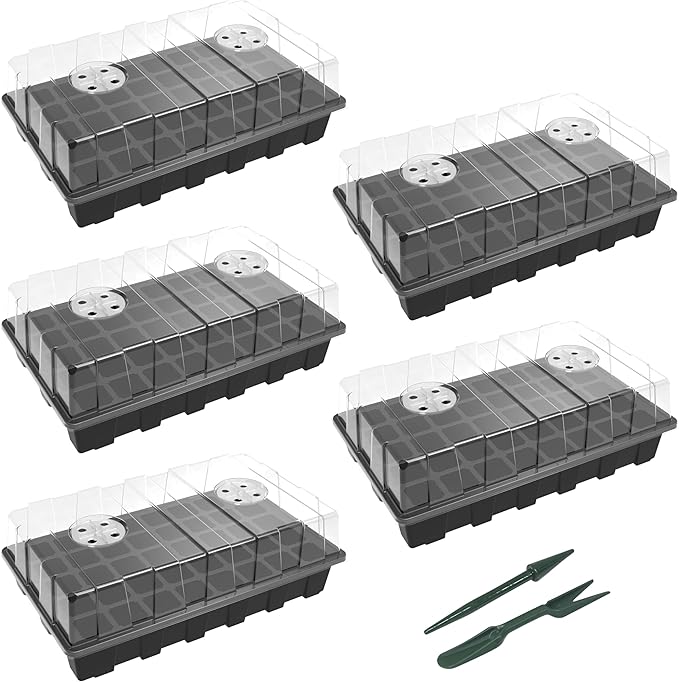 Gardzen 5-Set Seed Starter Tray Kits, Durable Plant Germination Trays with Humidity Vented Domes and Bases, Ideal for Seed Starting, Indoor Gardening, and Greenhouse (Total 200 Cells) by Gardzen