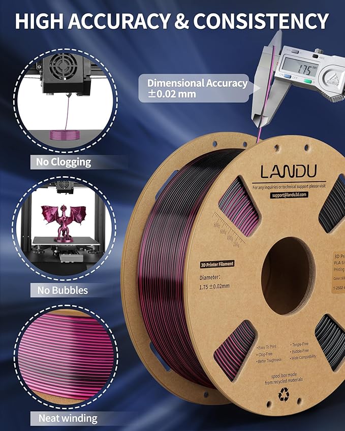 LANDU Silk Dual Color PLA Filament 1.75mm 1KG, 3D Printer Filament Dimensional Accuracy +/- 0.02mm, Coextrusion Filament PLA Shiny Filament Fits for Most FFF 3D Printers,1KG Spool (2.2lbs) Red Black - Image 2