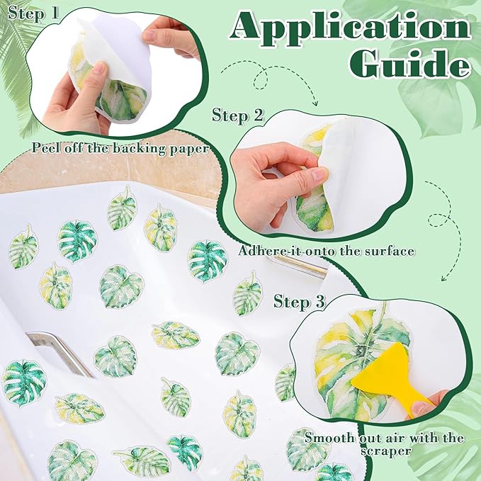 32 Pcs Cute Non Slip Bathtub Stickers for Shower Colorful Bathroom Anti Slip Shower Stickers Floor Applique Adhesive Decals with Scraper for Bathtub Bathroom Floor Pools(Monstera Deliciosa) - Image 3